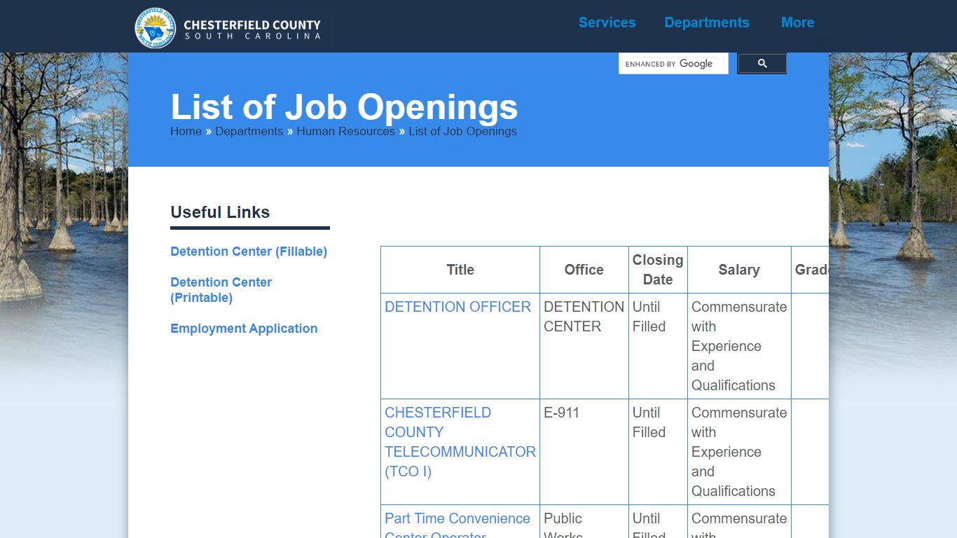 List of Job Openings - Chesterfield County, South Carolina